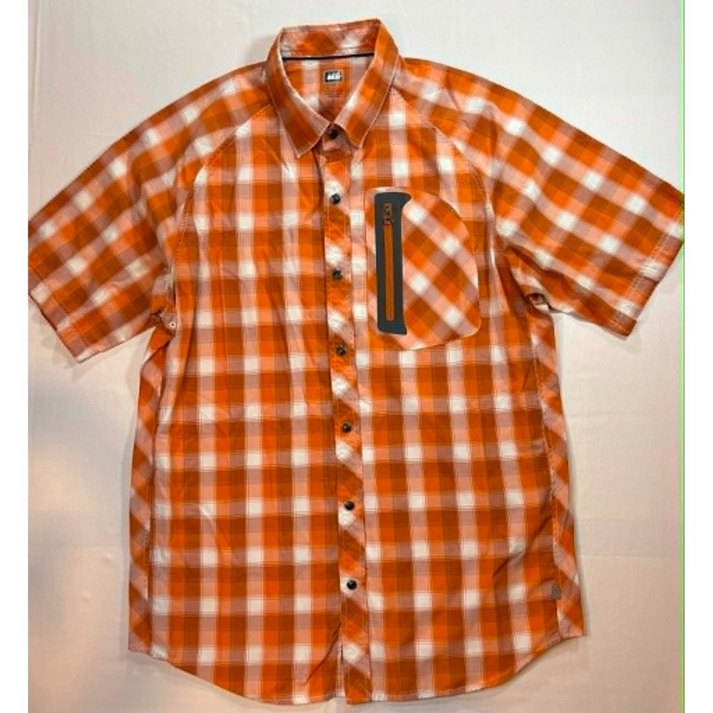 REI Co-op Men Medium Plaid Hiking Trail Shirt Orange White Short Sleeve Zip